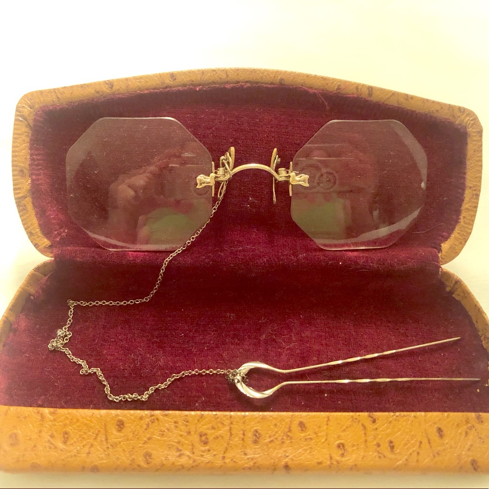 14K Rimless Octagon Pince Nez Glasses with case